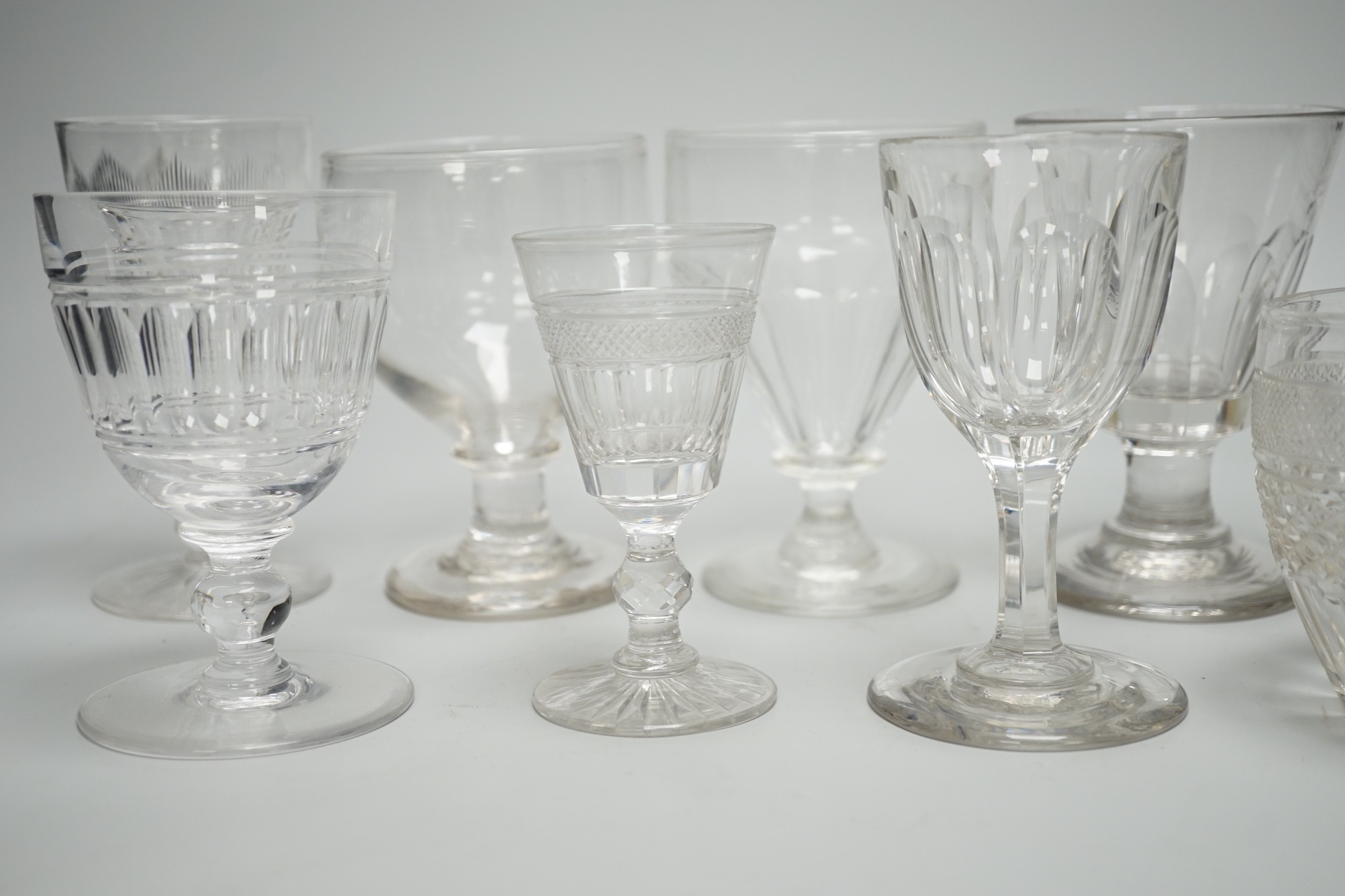A collection of 18th/19th century table glasses including three Georgian rummers